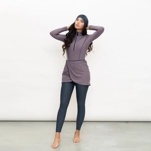 2023 in Stock New Modest Solid Muslim 3 Piece Bikini Patchwork Long Sleeve Zipper Swimsuit Women Islamic Hijab Swimwear Burkinis