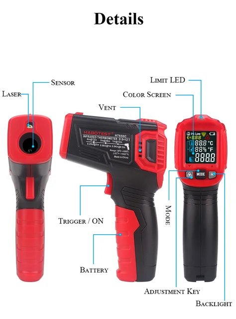 Dropshipping Habotest HT650C Infrared Thermometer For Industry Temperature Laser Gun -50~+800 Celsius Temperature Test CE - Image 3