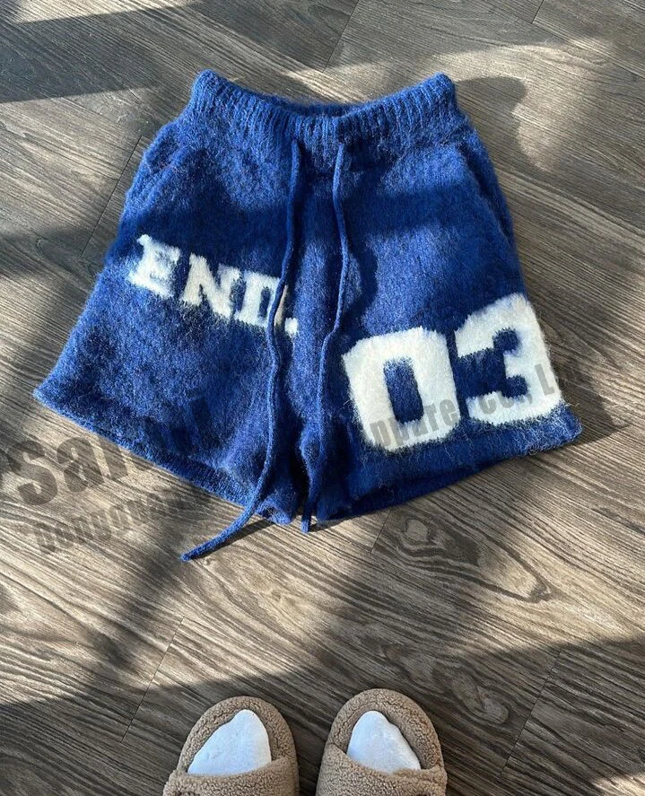 Custom Print Logo Wide Leg Sweat Short Drawstring Baggy Streetwear Bermuda Wool Fluffy Fuzzy Knitted Knitwear Mohair Shorts Men gallery 3