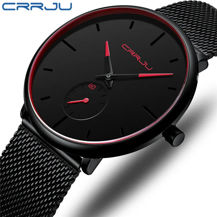 CRRJU 2150 Negro hombres relojes de moda Popular de acero inoxidable  pulsera reloj de cuarzo