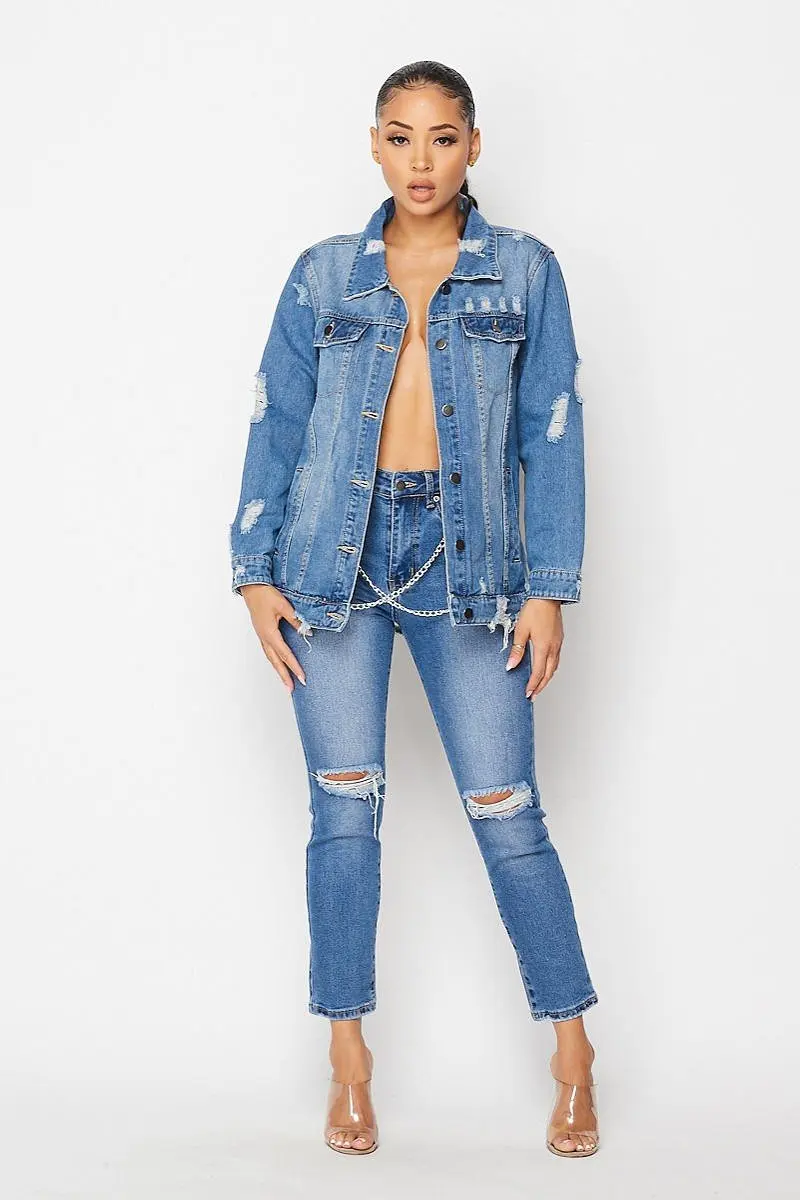 CL-539 New Design High Street Backless Frayed Mid-Length Jean Jackets for  Ladies Fashion High Quality Chains Denim Jacket Women