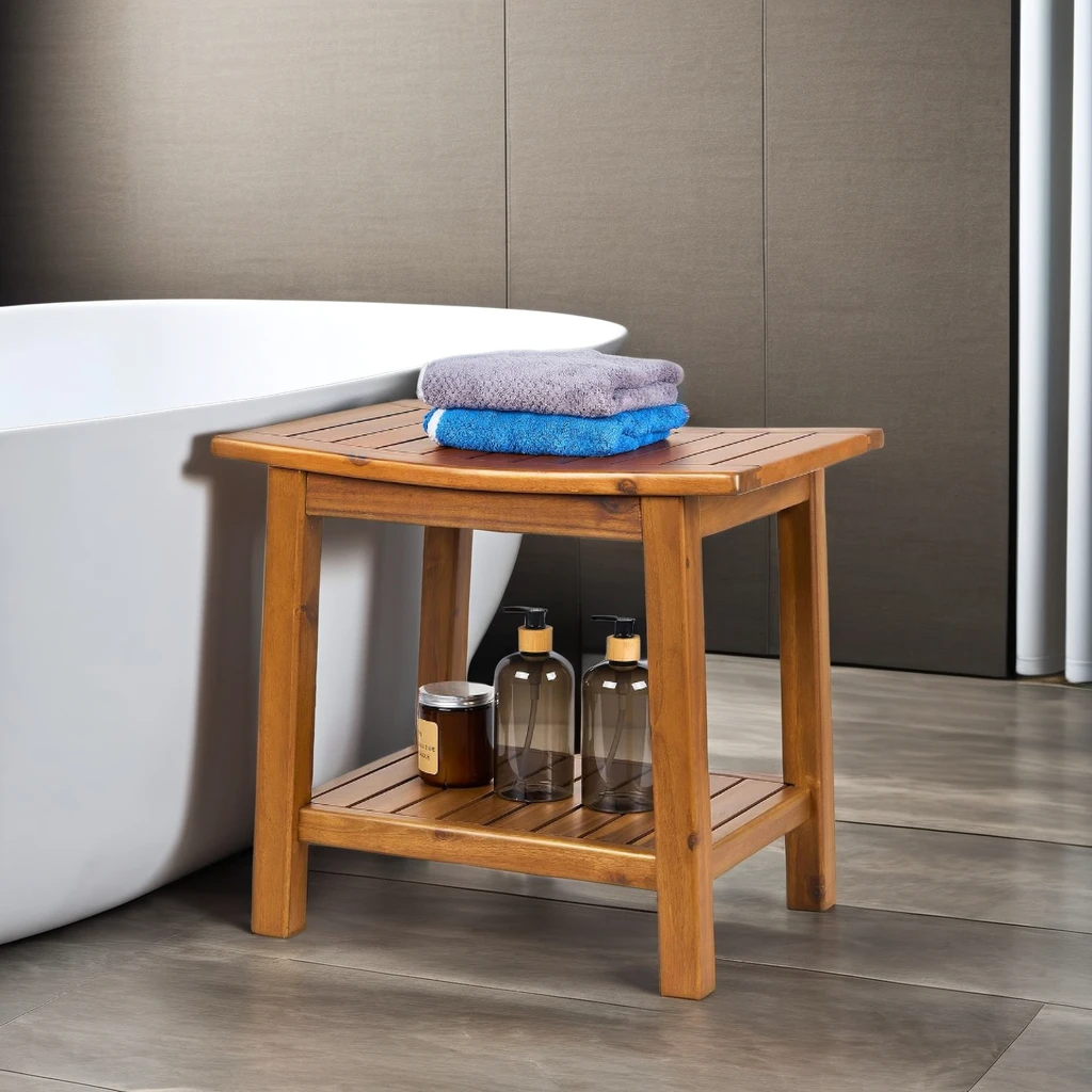 Heavy-Duty Waterproof Teak Wood Shower Bench Seat Shower Stool with with Storage Shelf for Elderly Bathroom Indoor Outdoor Use