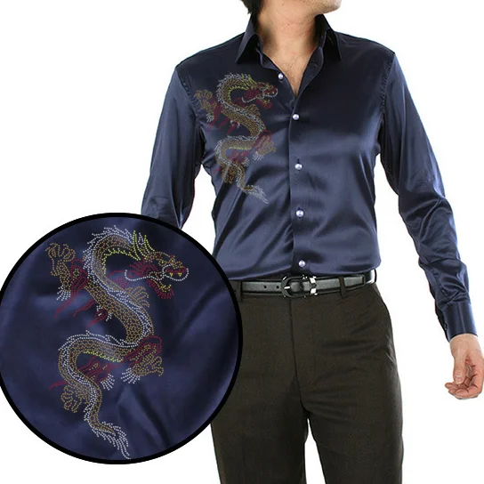 Camicia Di Raso Casual Da Uomo A Manica Lunga Cinese Stampata Con - Foto 10