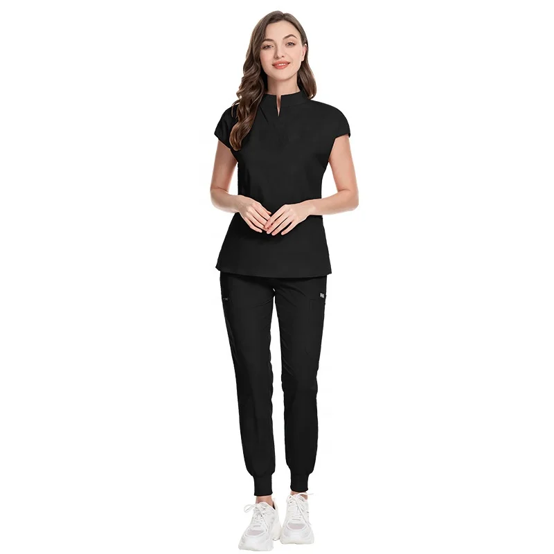 Logo Custom Chinese Classic Style 2 Piece Jogger Set Massage Beauty Salon Nursing Uniforms Women Solid Color Medical Scrubs