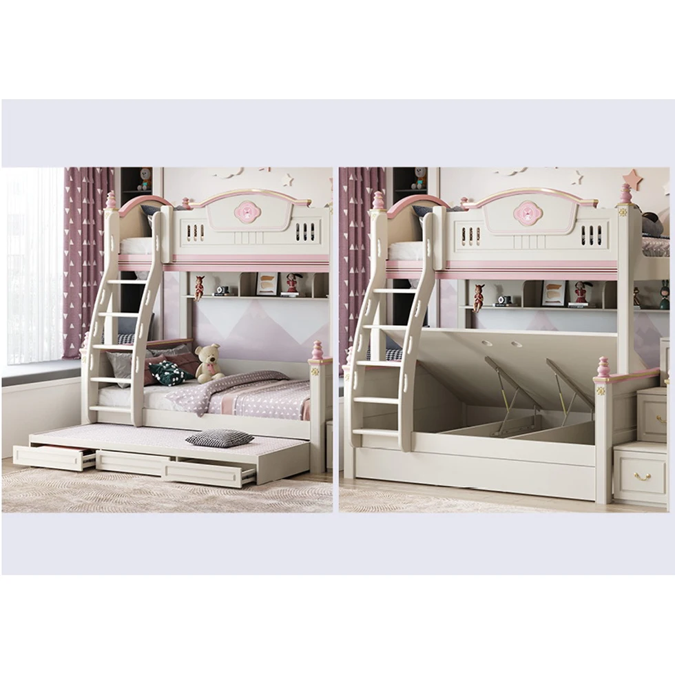 Castle Princess Girl Children Bedroom Furniture Set Wooden Pink Kids Bunk Bed with Storage Double Bunk Bed for Kids Stairs