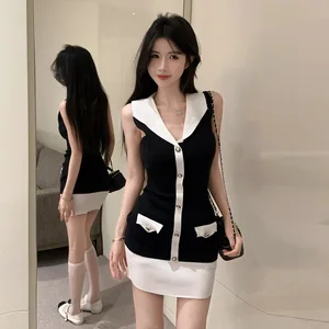 Women's Cute Summer Slim Fit V-Neck Dress New Sleeveless Knitted  Black Skirt with Temperament