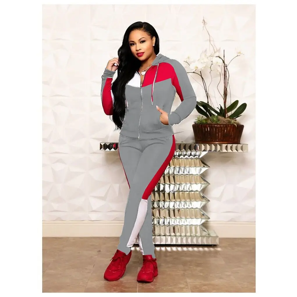 Contrasting Color Women Casual Tracksuit Long Sleeve Zipper Hoodie Coat + Pencil Pants Autumn Spring Lady Fashion Two Piece Set