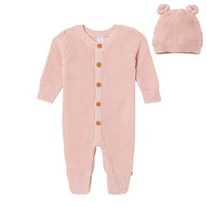 For Unisex-Baby Solid Sweater Knit Romper & Hat Set