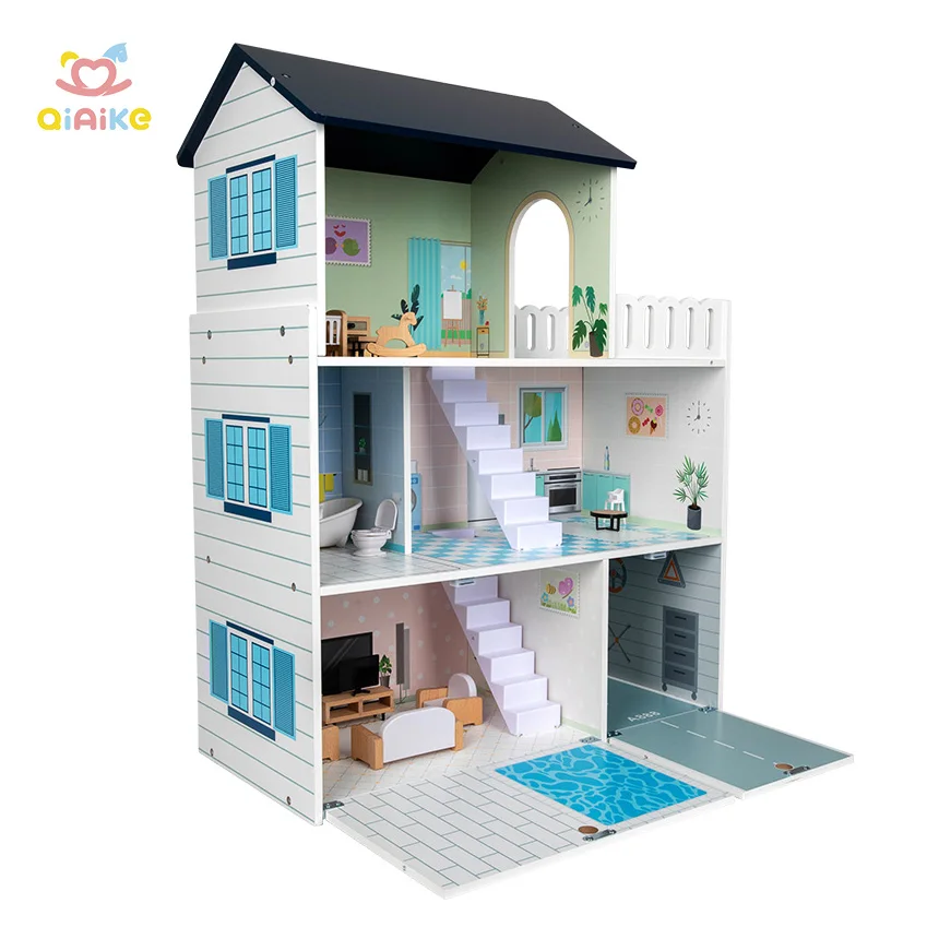 Assemble DIY Wooden House Toy Wooden Miniatura Doll Houses Wooden Dollhouse with Furniture Set for Girls