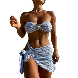 Customized Logo Women's Three-Piece Strapless Beach Resort Swimsuit Sexy Striped Bikini with High Waist Bottom Solid Pattern