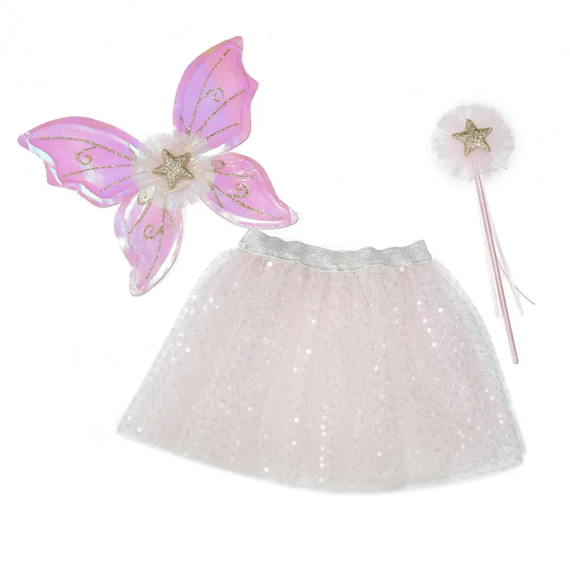 Princess Children Retail Summer Party Pink Sequins Tutu Skirt Set With Butterfly Wings And Star Wand