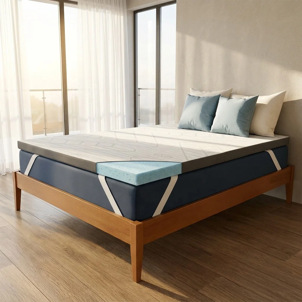 Moderne, umweltfreundliche, kühlende Matratzenauflage mit mittelfester Liegeeigenschaft für das Schlafzimmer, Größe Queen, 5 cm stark, mit Gel-infundiertem Memory-Schaum, abnehmbarer und waschbarer Bezug