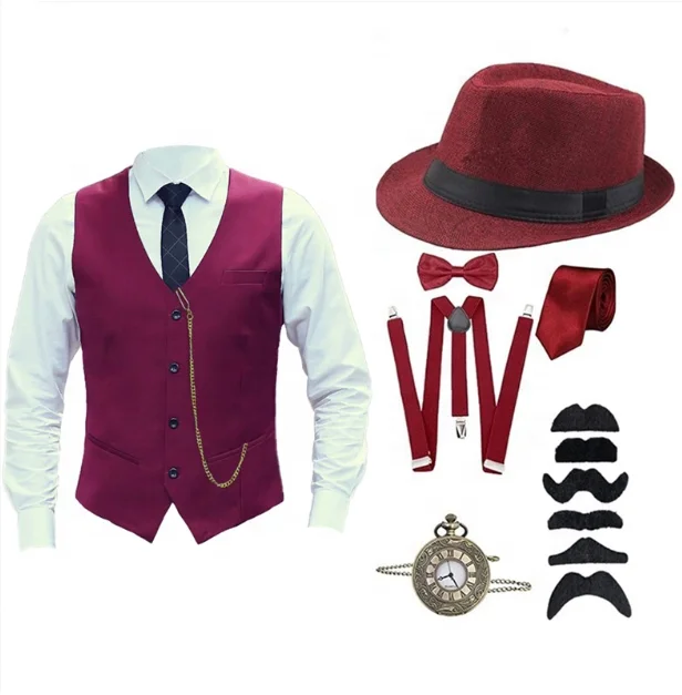Blulu Kit Completo Anni '20 Uomo - Gilet, Cappello Fedora, Bretelle, Papillon, Orologio Da Tasca - Vino Rosso Taglia XL