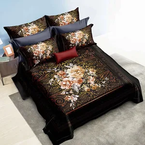 Nice Digital Printed Black and Gold Flower Bed Sheet Duvet Cover Set in Polyester Material Fabric