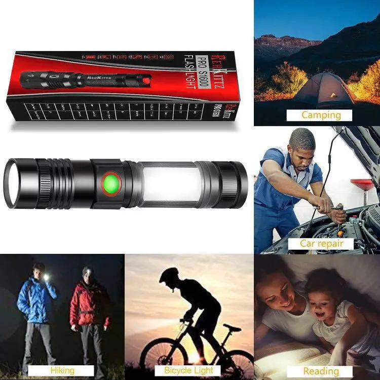 Powerful Waterproof Zoomable Rechargeable Mini LED Emergency Tactical Magnetic T6 Flashlight with Cob Sidelight Torch Flashlight details