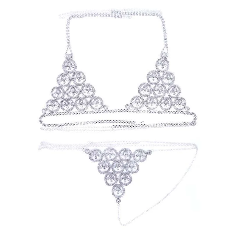 Rhinestone Crystal Body Harness Chest Chain Mesh Lingerie Bikini Set ...