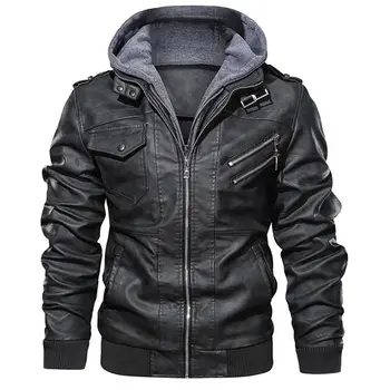 OEM winter Bomber Black zipper Motorcycle Leather Jackets Long Sleeves Men Jacket coat with hooded custom