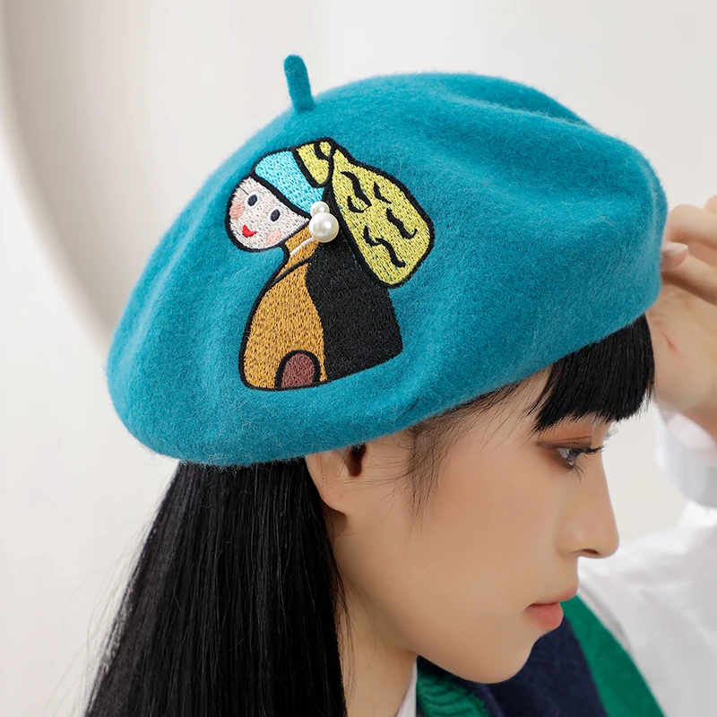 6795 Handmade Wool Felt Embroidery Cartoon Beret Hat For Women Girls Winter Deer Beret, French Kawaii Beret Hat, Handmade Woolfelt  main image 3