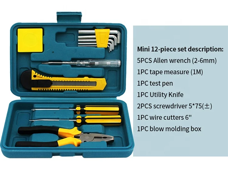 Portable 12-Piece Household Tool Set Small Portable Car Emergency Toolbox with Hard Case OEM Customizable