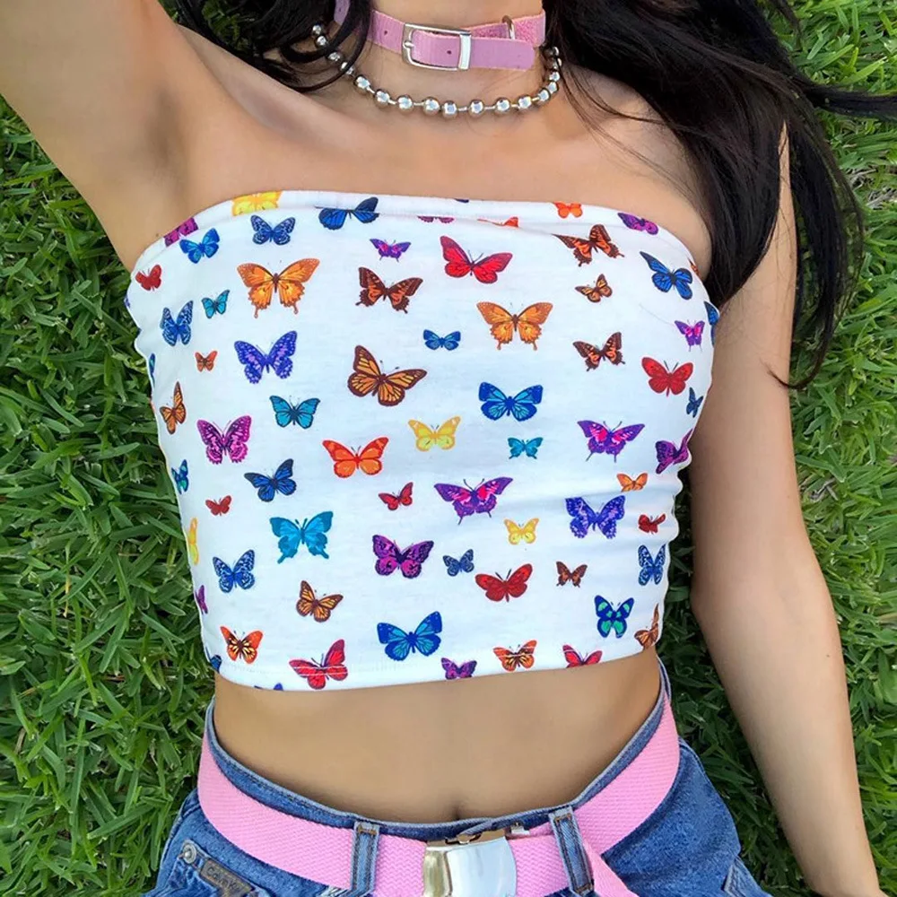 Top Corto Multicolor Sin Tirantes Con Hombros Descubiertos Para  Mujer,Estampado De Mariposas,Cuello De Barco,Bandeau Ajustado Para Fiesta  En La Playa,Ropa De Calle - Buy Mujer Multi-color De La Impresión De La  Mariposa
