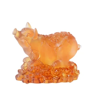 Chinese Crystal Luxury New Year Pig Liuli Good Fortune Feng Shui Decor Ornament Statue