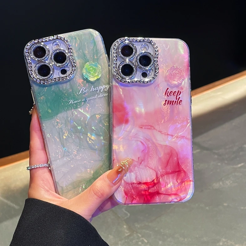Luxury Diamond Marble Shell Soft TPU Case for iPhone 16 Plus 15 Pro 14 Pro Max 13 Mini 12 11 Bling Girls Smudge Phone Cover