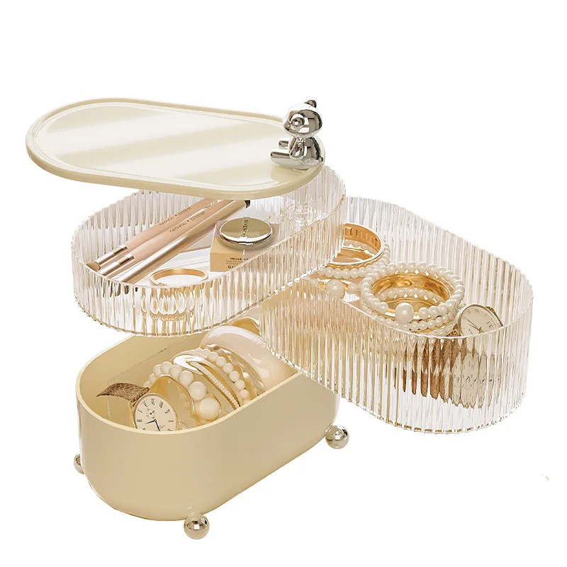 360 Degree Rotating Desktop Dust Prevention Jewelry Ring Box Makeup Organizer Case With Compartment