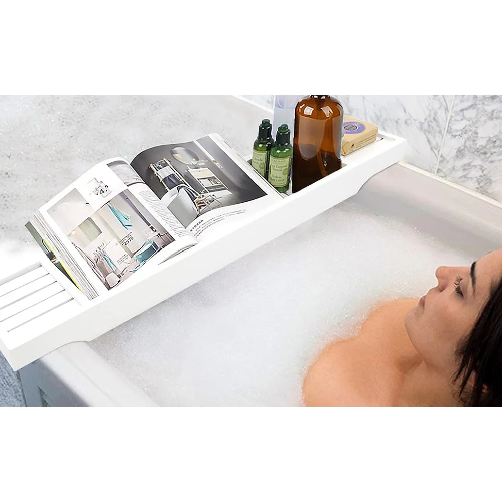 product white bamboo bathtub storage box tray bathroom sets with bathtub tablet stand modern rack for bath accessories-14