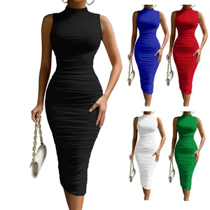 New Arrival Female Clothes High Neck Sleeveless Midi Ruched Bodycon Dress Short Prom Dress