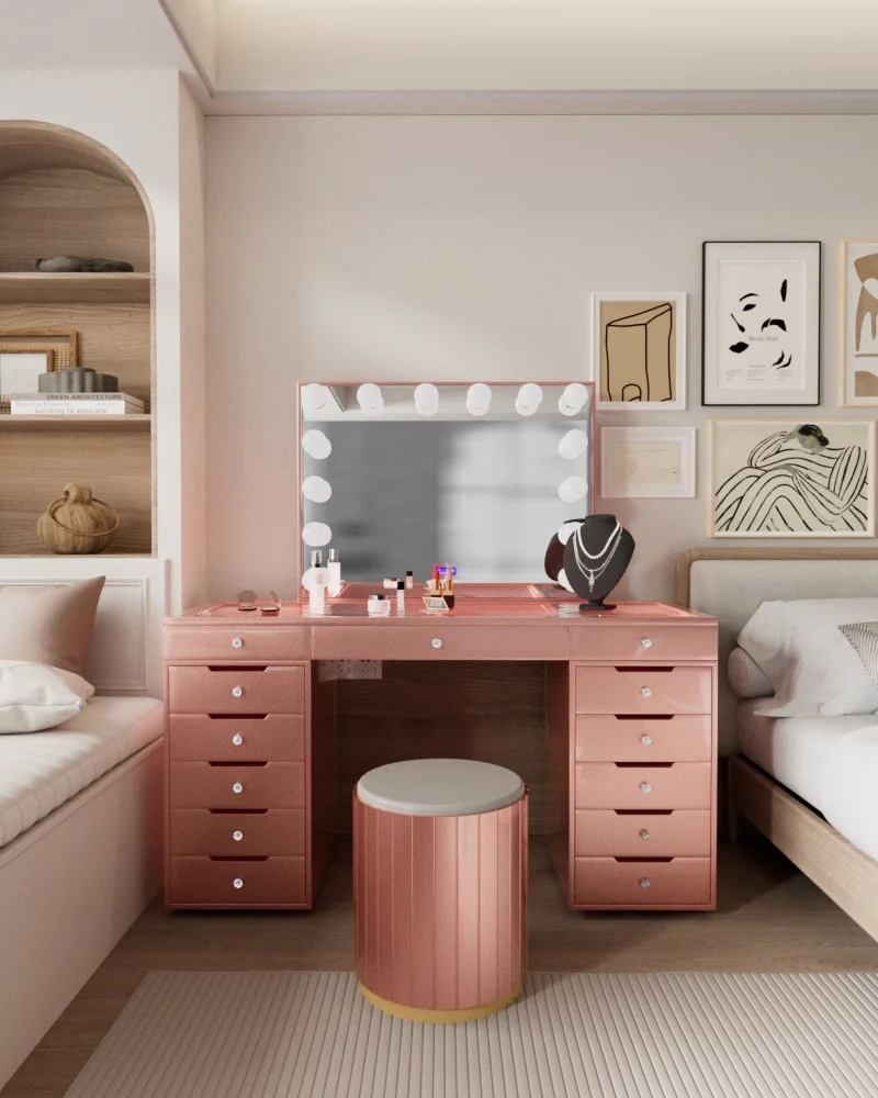 Ultra-glossy Mdf Bedroom Dressing Table Modern Luxury Rose Gold Color With Led Style Illuminated Mirror Makeup Vanity