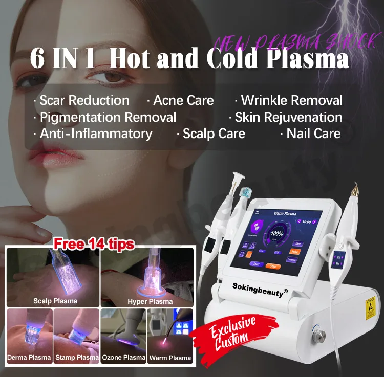 New Design Output Power 150w 16 Tips Face Lifting Firming Hyper Scalp Plasma 6 in 1 Hot and Cold Plasma Machine