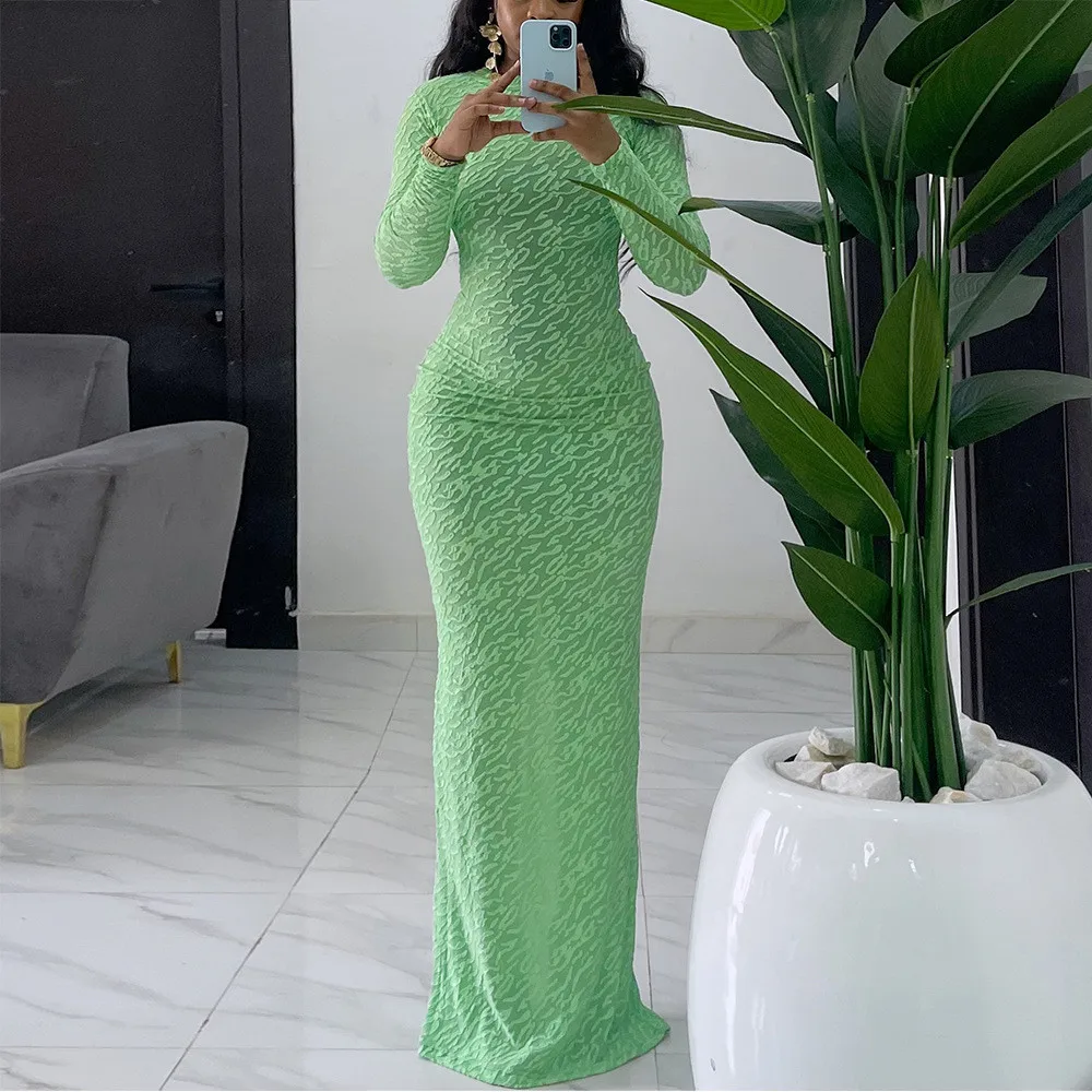 IHOOV Summer Casual Solid Crew Neck Lace Natural Waist Knitted Crepe Pencil  Wool dress Maxi Dress Long Sleeve White Skirt