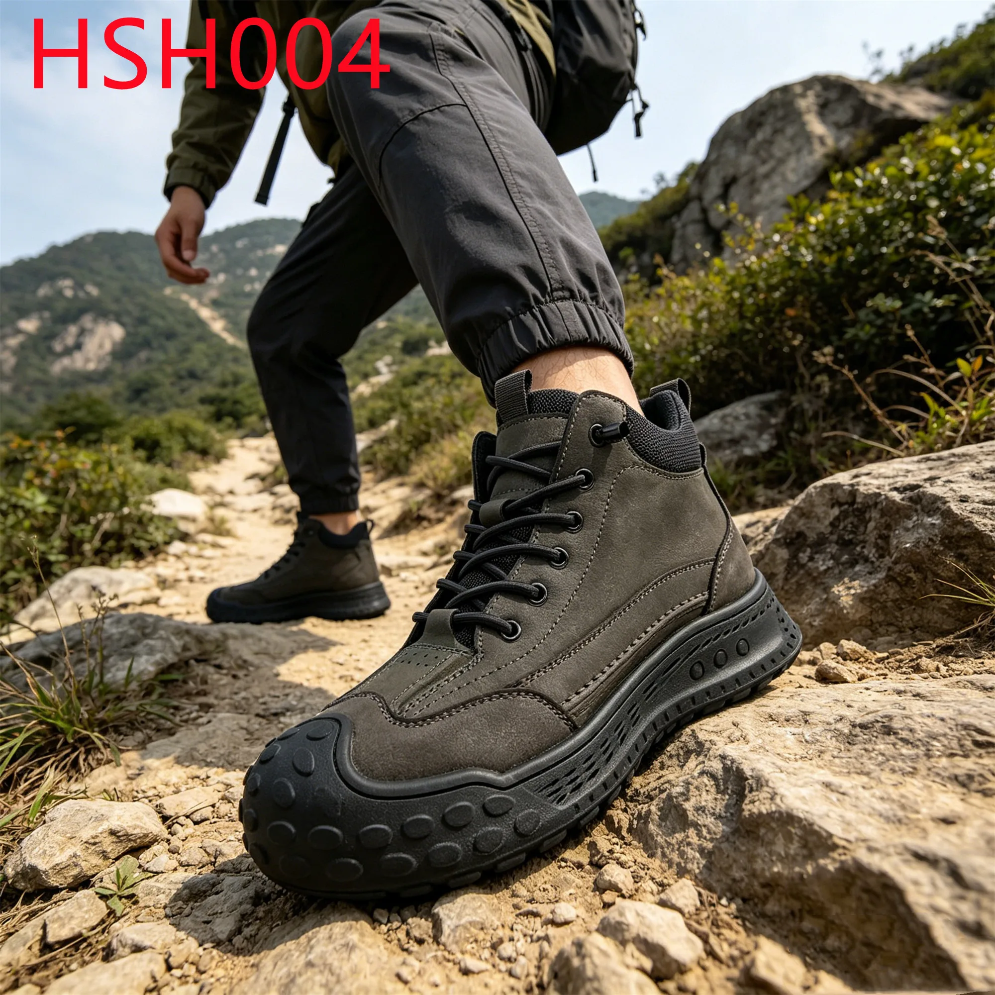 YYR,Hill Crossing Durable Rubber Sole with Stitching Hiking Boots Rugged Ground Nubuck Leather Brown/Black Workout Shoes HSH004