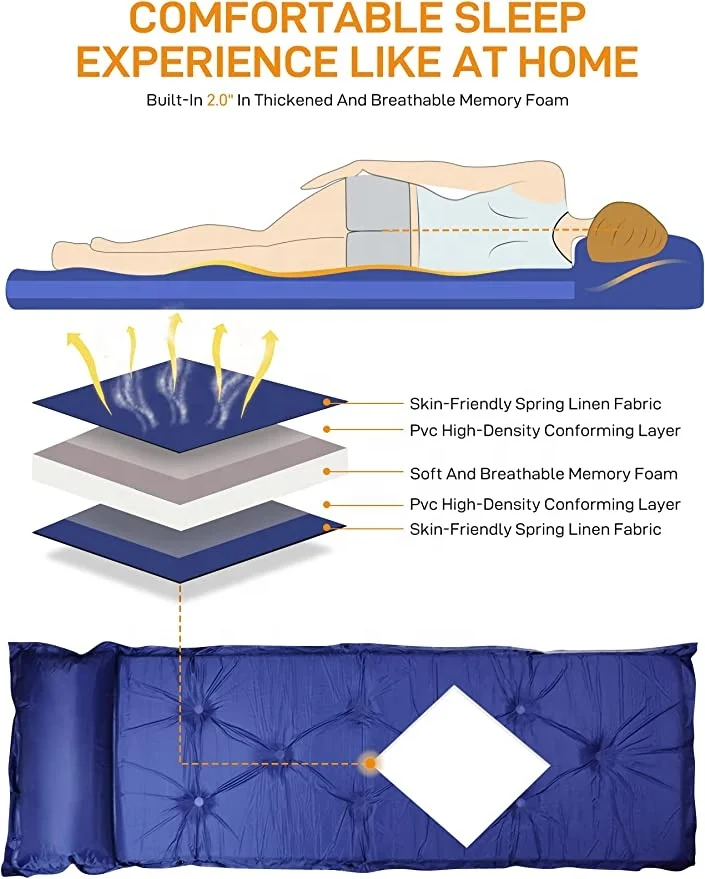 Самонадувающийся спальный коврик для кемпинга, надувной коврик из ПВХ, встроенный насос с подушкой, водонепроницаемый воздушный матрас для кемпинга