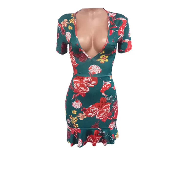 Women Deep V Neck Backless Flounce Flowers Short Sleeve Floral print  Bodycon dress women sexy summer skin tight Dress| Alibaba.com