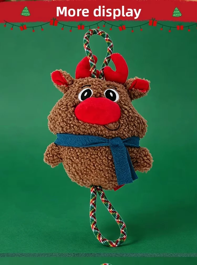 product christmas plush dog toy self entertaining chew resistant knots squeaker interactive tug of war toy for burning energy santa-5