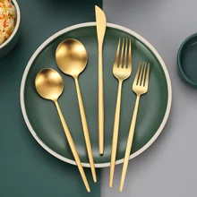 Y1121 Portugal Stainless Steel Metal Bulk Catering Spoon Sets Matte Golden Plated Silverware Wedding Flatware Gold Cutlery Set