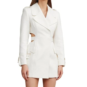 Custom High Quality Suit Official Women  Sexy V Neck Long Sleeve Wrap Breasted Tied Belt Cut Out Ladies Blazers Dress