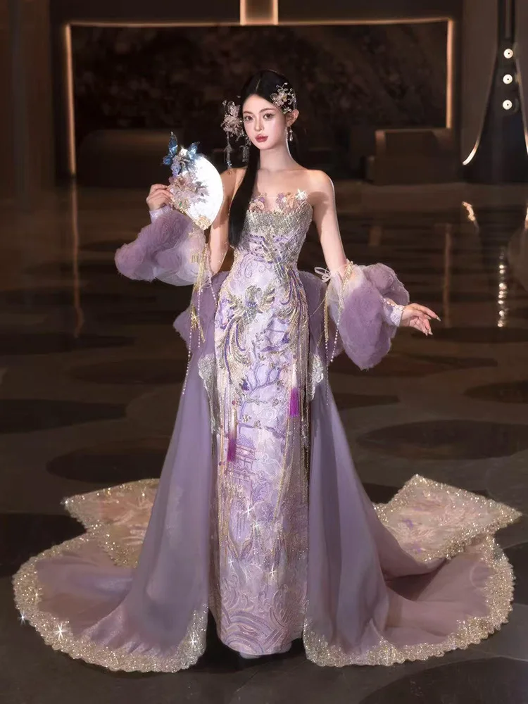 purple chinese wedding dress Lavender Slim Fit Qi Pao AoDai: Modern Chinese Dress for Wedding & Party