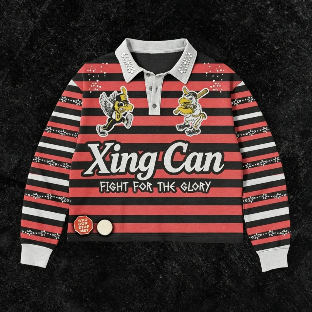 Brugerdefineret vintage streetwear poloshirt til mænd i 100 % bomuld med lange ærmer og tungt vægt, DTG-digital print og varmefikseret strasssten, tilpasselig