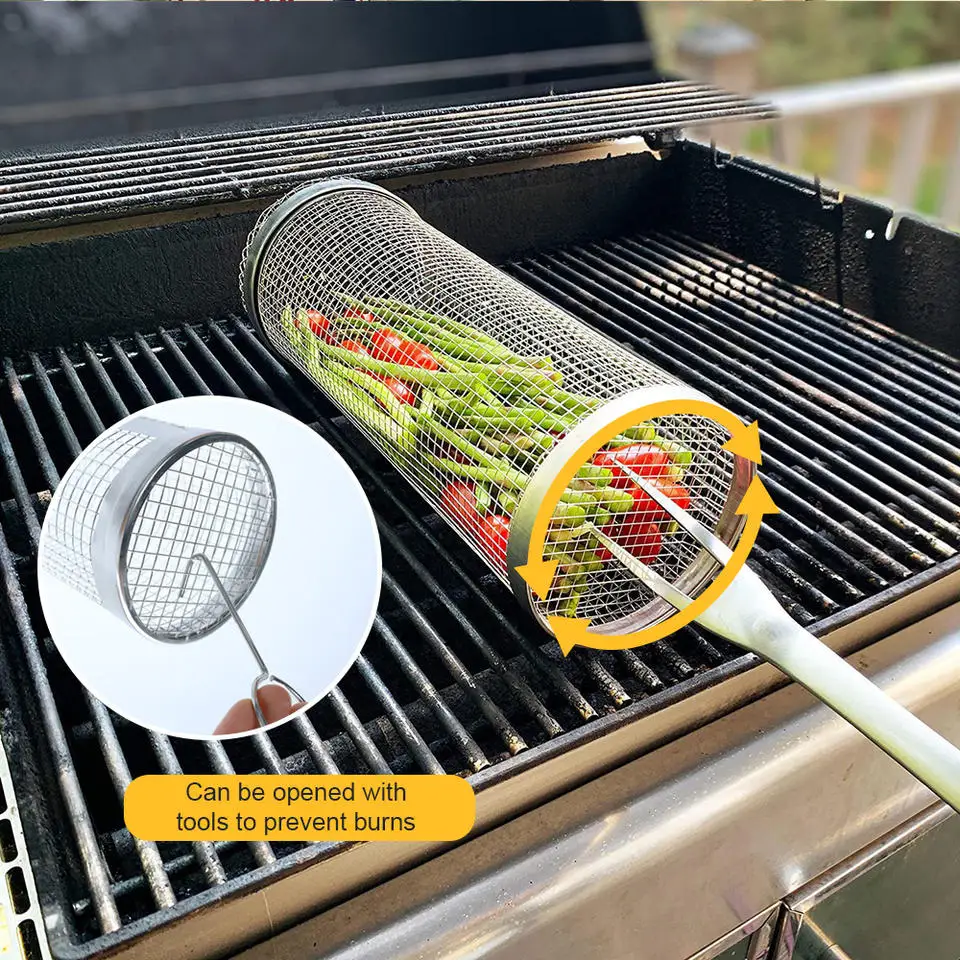 Stainless Steel 304 Barbecue Bbq Round Rolling Grill Grilling Basket