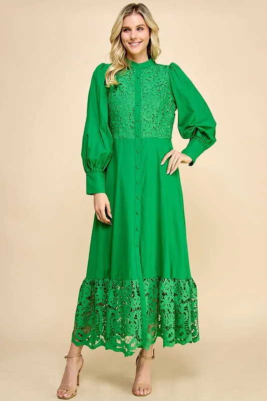 Elegant Ladies Casual Crocheted Long Dress With Lace Sweet Style And Button Decoration Washable Woven Fabric - Image 2
