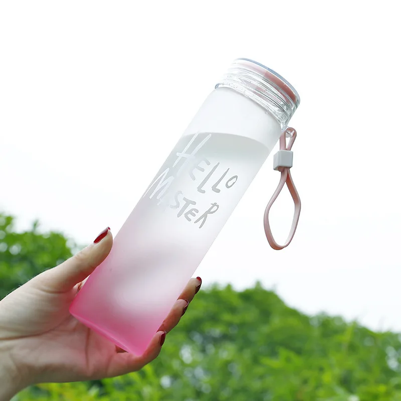 Reusable Glass Water Bottle High Quality 450ml with Lid Hello Master Graphic