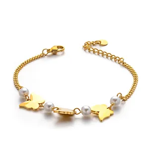 OEM 18K Gold Plated Stainless Steel Bracelet for Women Exquisite Trendy Fashionable Butterfly Pearl Bangles