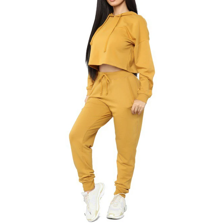 high quality fashion pullover cropped hoodie set solid color womens sweatshirt set