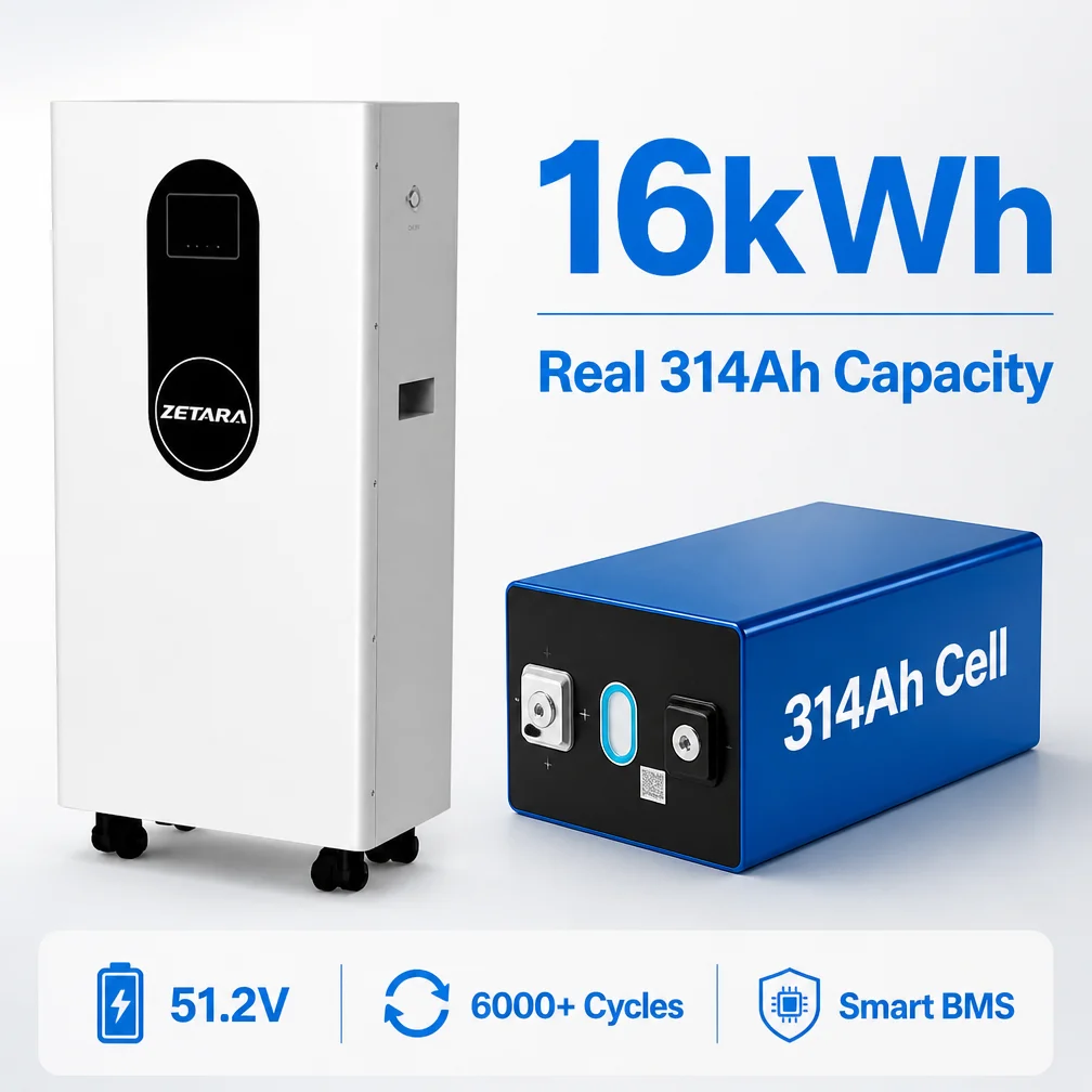 High Capacity 16kWh Lithium LiFePO4 Battery 51.2V 314Ah Wall Mounted Backup Energy Storage System for Off-Grid Solar Inverter