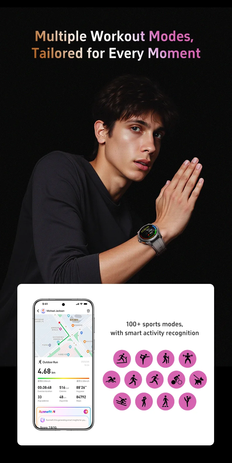 GTR5 AI Smart Watch Android OS AMOLED Screen 24-Hour Sleep Heart Rate Monitoring Exercise Analysis IP68 Silicone Alarm Clock