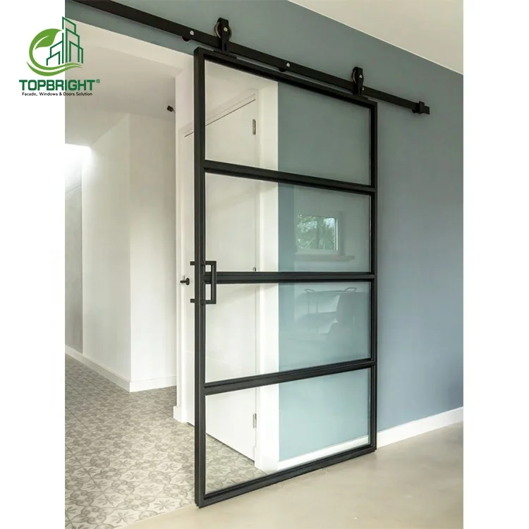 Modern Barn Door Rail System Sliding Glass Soundproof Interior Rustic Black Barn Door