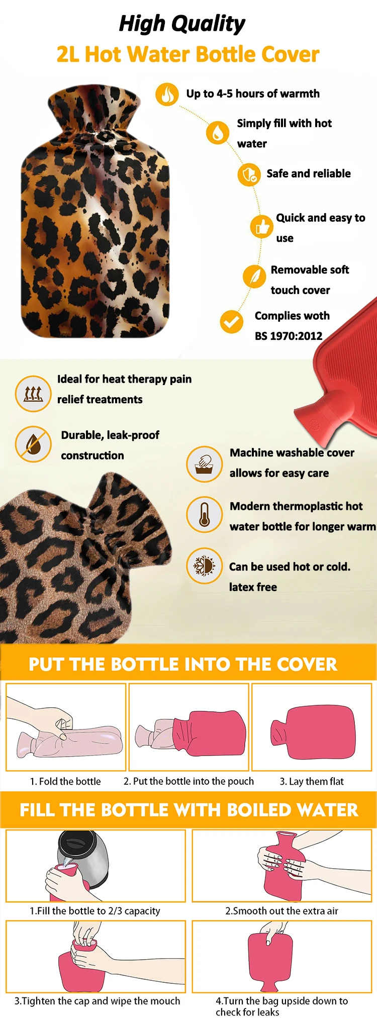 1000ml / 2000ml rubber hot water bag hand warmer hot water bottle with classic leopard fleece cover