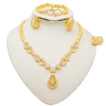 Gold Plated Four-Piece Jewelry Set with Crystal Main Stone Bride Pendant Necklace Bracelet Earrings-Cross-Border Factory Outlet